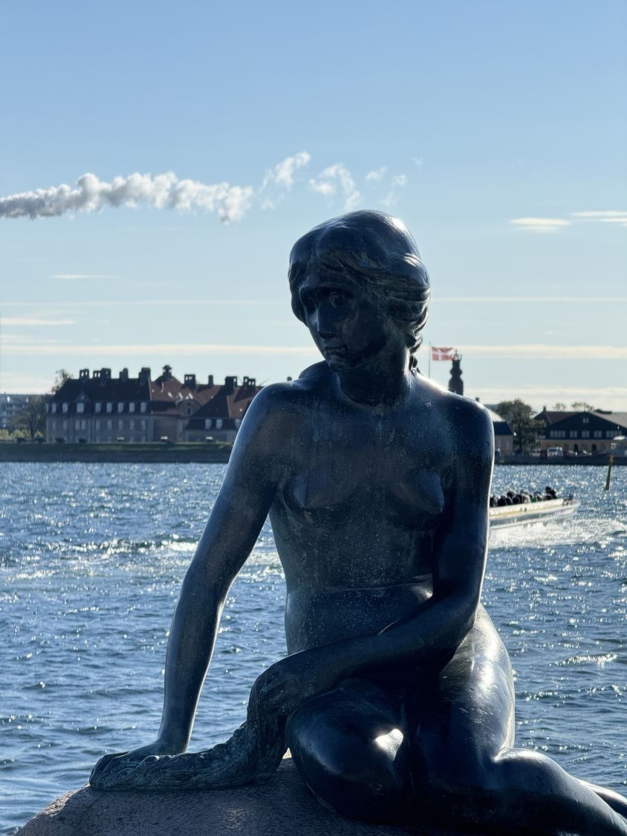 La statue de la Petite Sirène sur son rocher dans le port de Copenhague, avec le drapeau danois en arrière-plan