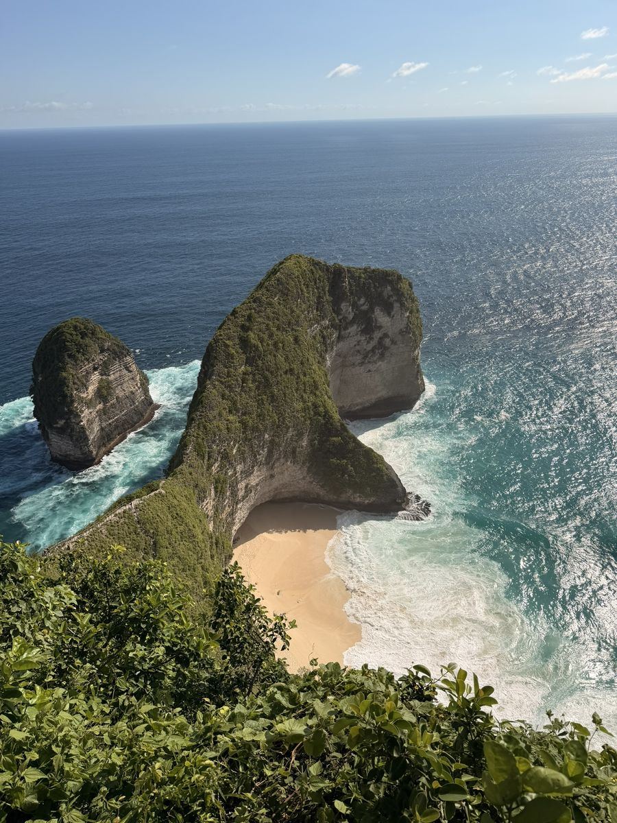 La falaise de Kelingking vue du belvédère : l'éperon vert en forme de tête de dinosaure, une petite plage de sable clair au fond de la crique et un rocher isolé dans l'océan turquoise